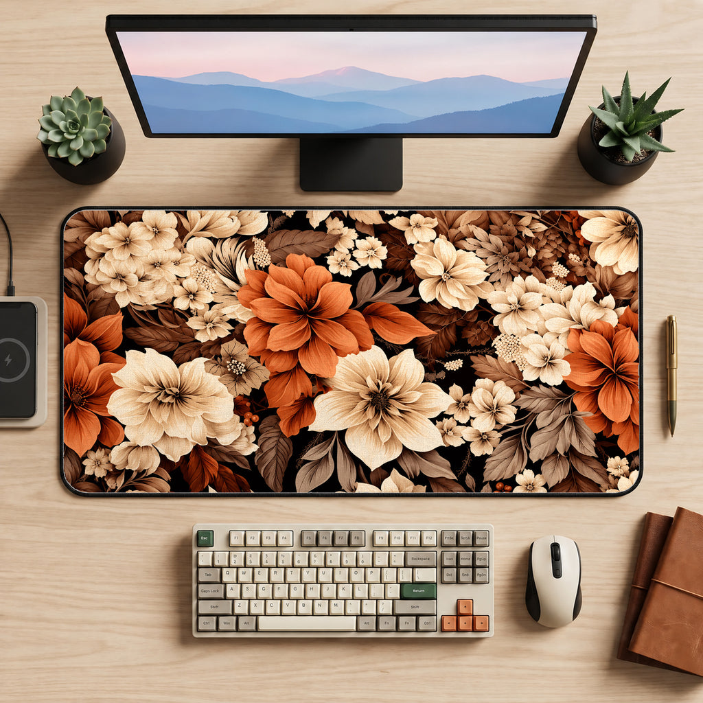 Boho Earth-Tone Flowers Desk Mat — product mockup 2