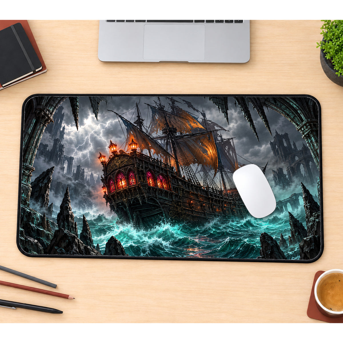 Stormy Pirate Ship Desk Mat — product mockup 1