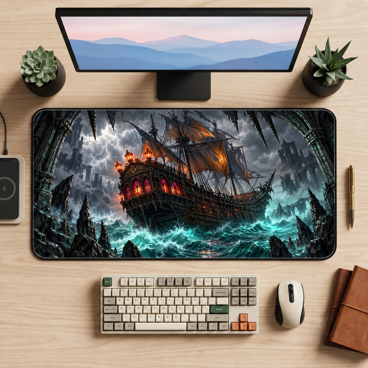 Stormy Pirate Ship Desk Mat — product mockup 2