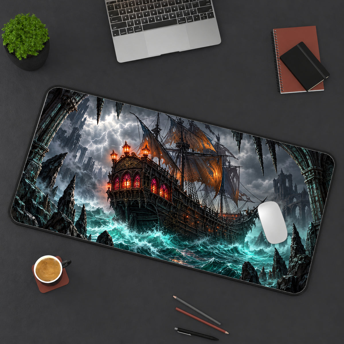 Stormy Pirate Ship Desk Mat — product mockup 3