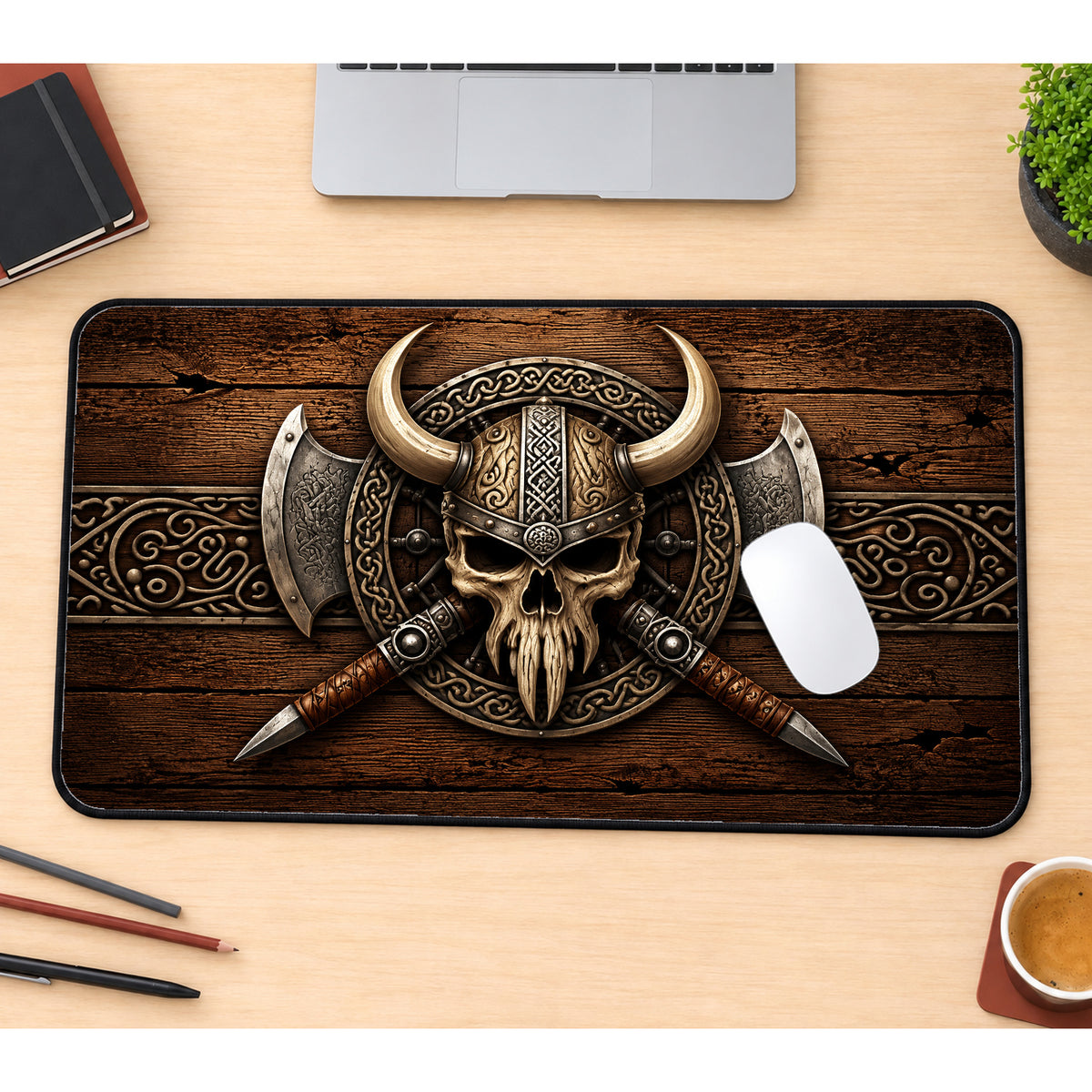 Viking Skull and Crossed Swords Desk Mat — product mockup 1