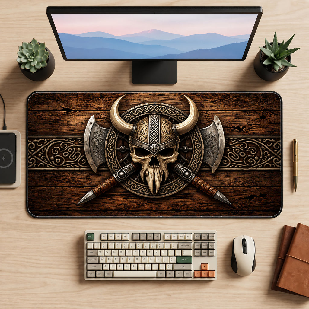 Viking Skull and Crossed Swords Desk Mat — product mockup 2