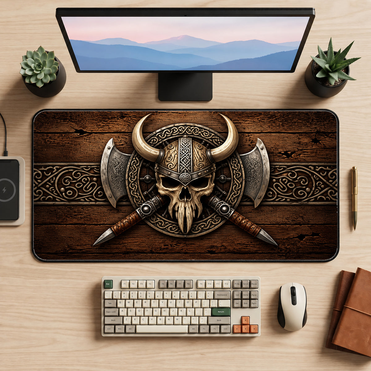 Viking Skull and Crossed Swords Desk Mat — product mockup 2