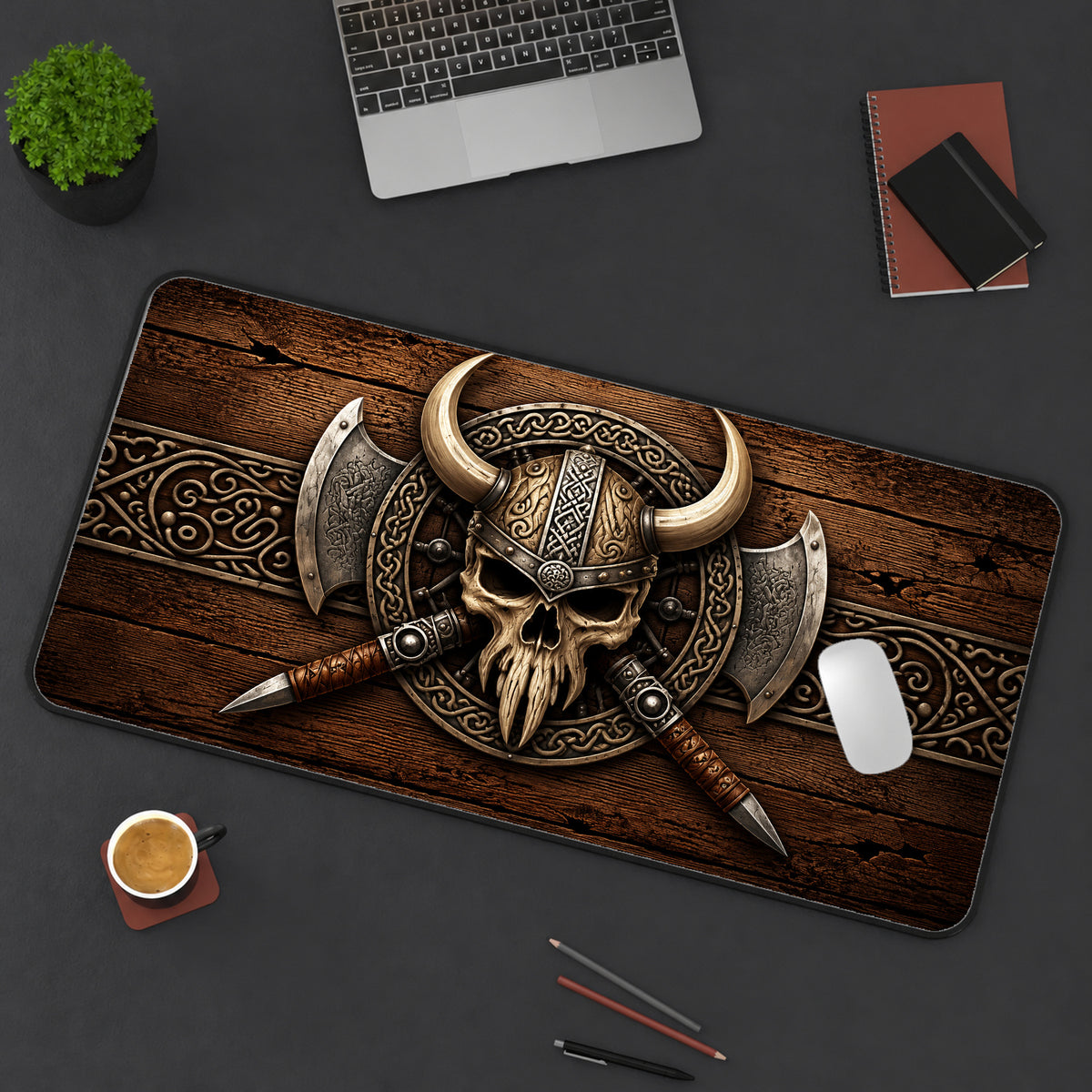 Viking Skull and Crossed Swords Desk Mat — product mockup 3