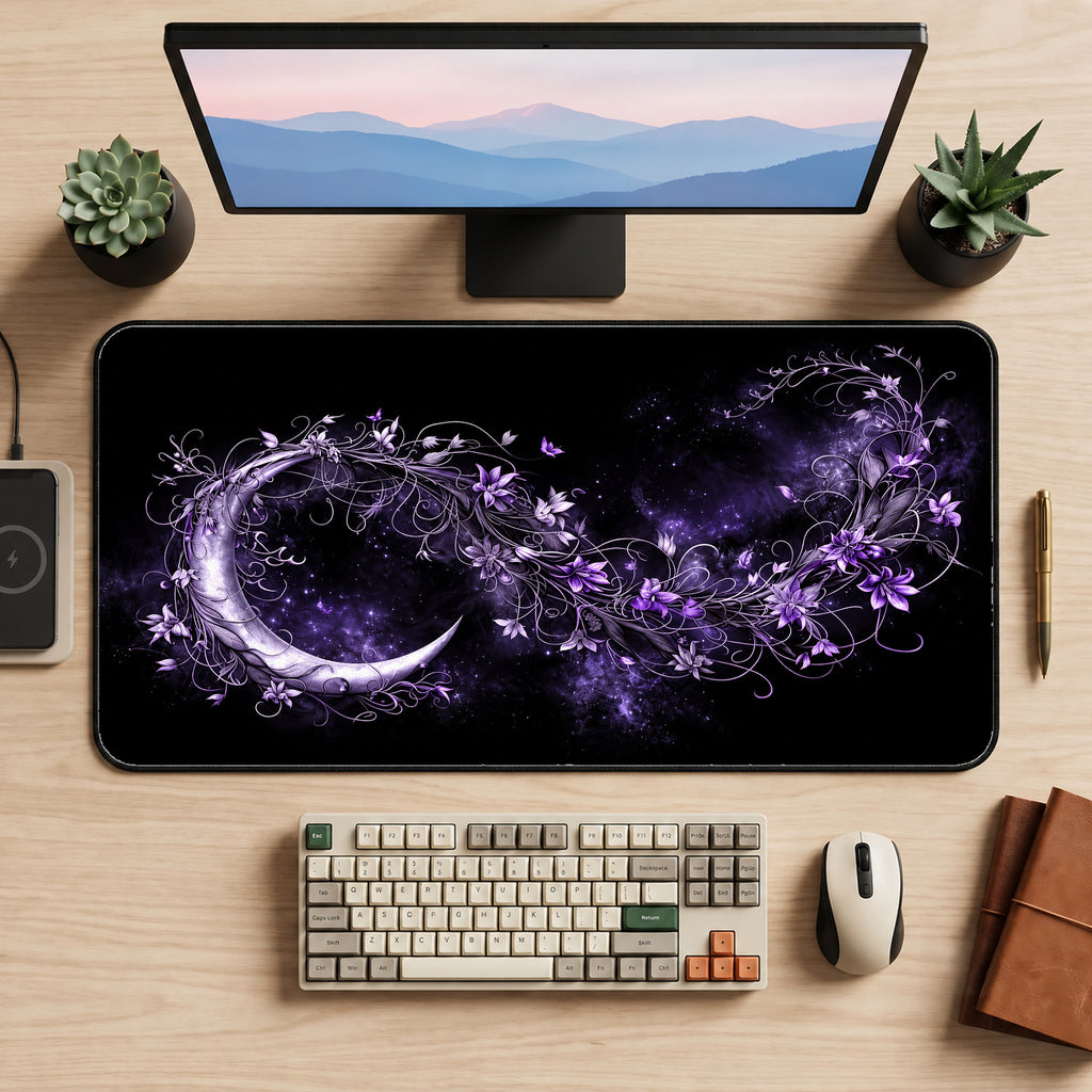 Purple Floral Crescent Moon Desk Mat — product mockup 2