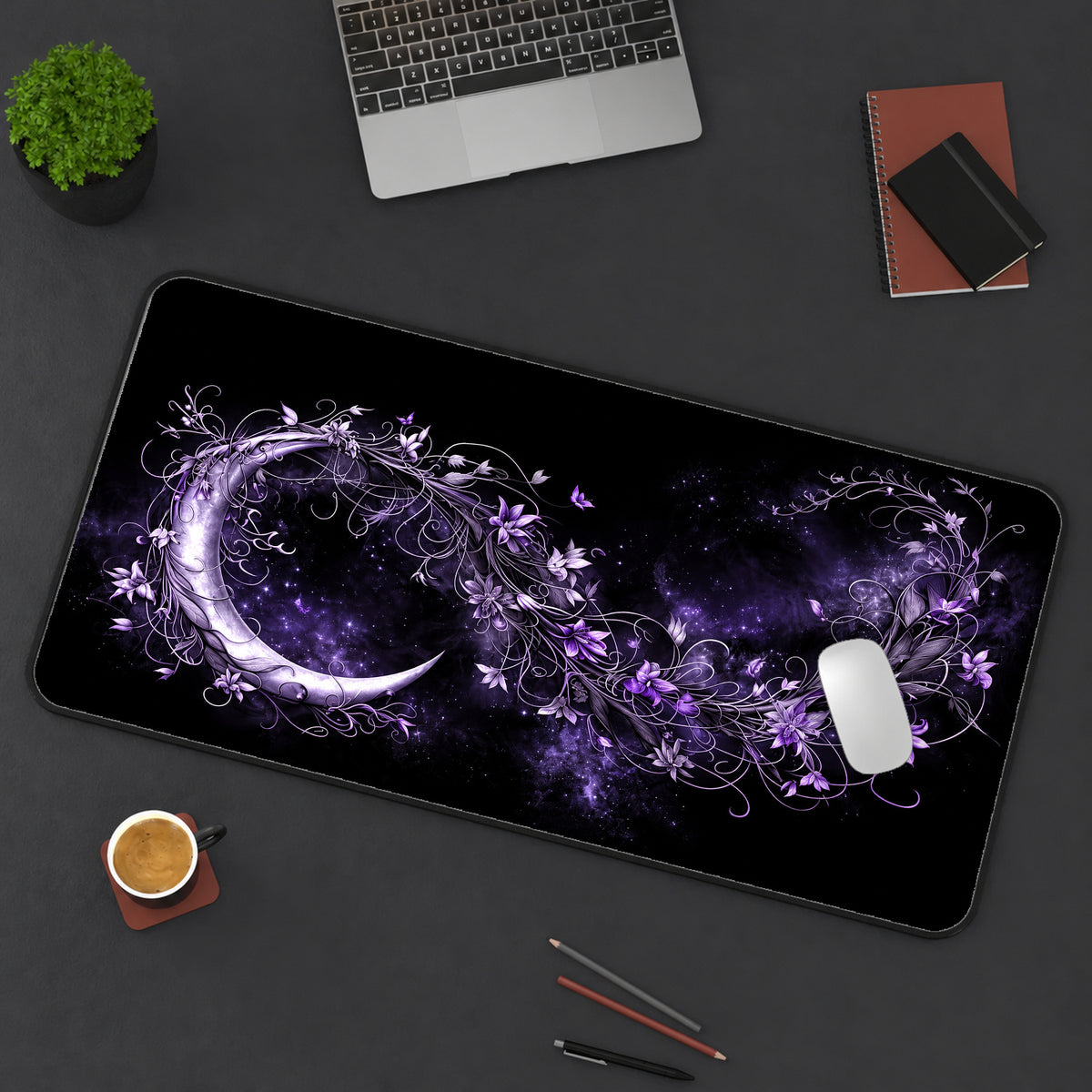 Purple Floral Crescent Moon Desk Mat — product mockup 3
