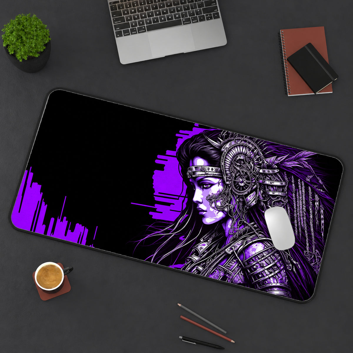 Purple Cyberpunk Warrior Desk Mat — product mockup 3