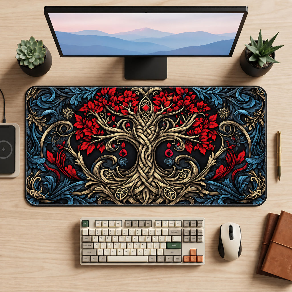 Crimson Tree of Life Desk Mat — product mockup 2