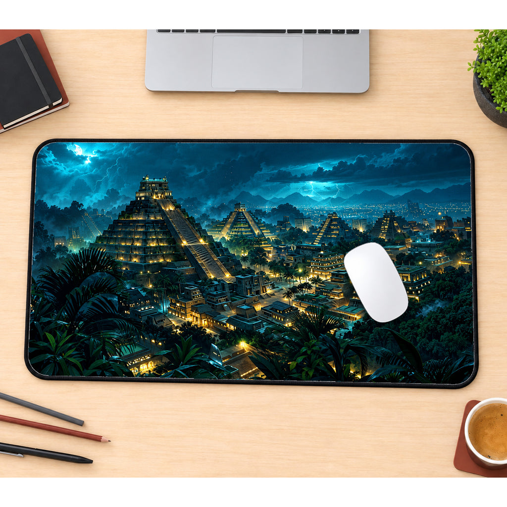 Ancient Aztec City at Night Desk Mat — product mockup 1