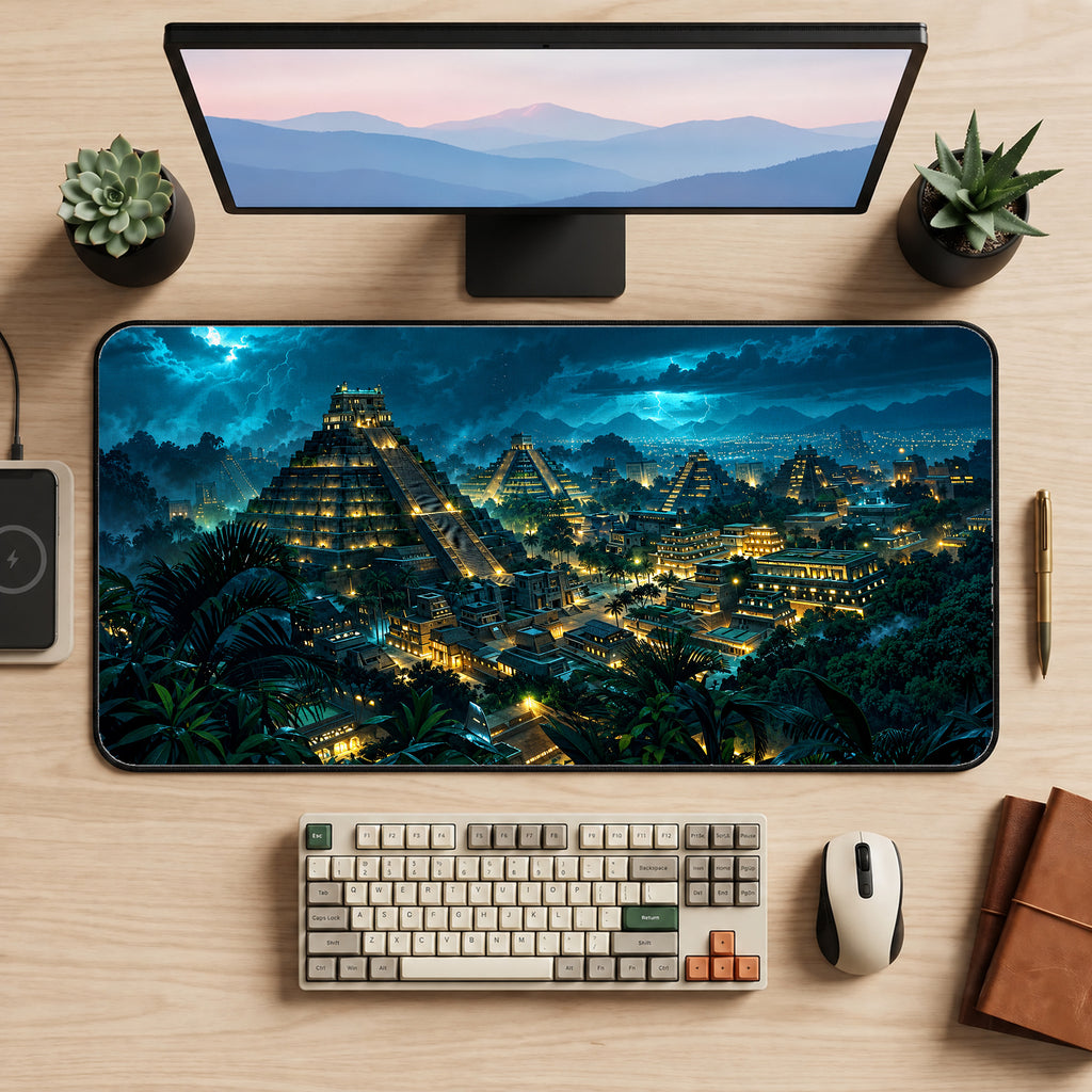Ancient Aztec City at Night Desk Mat — product mockup 2