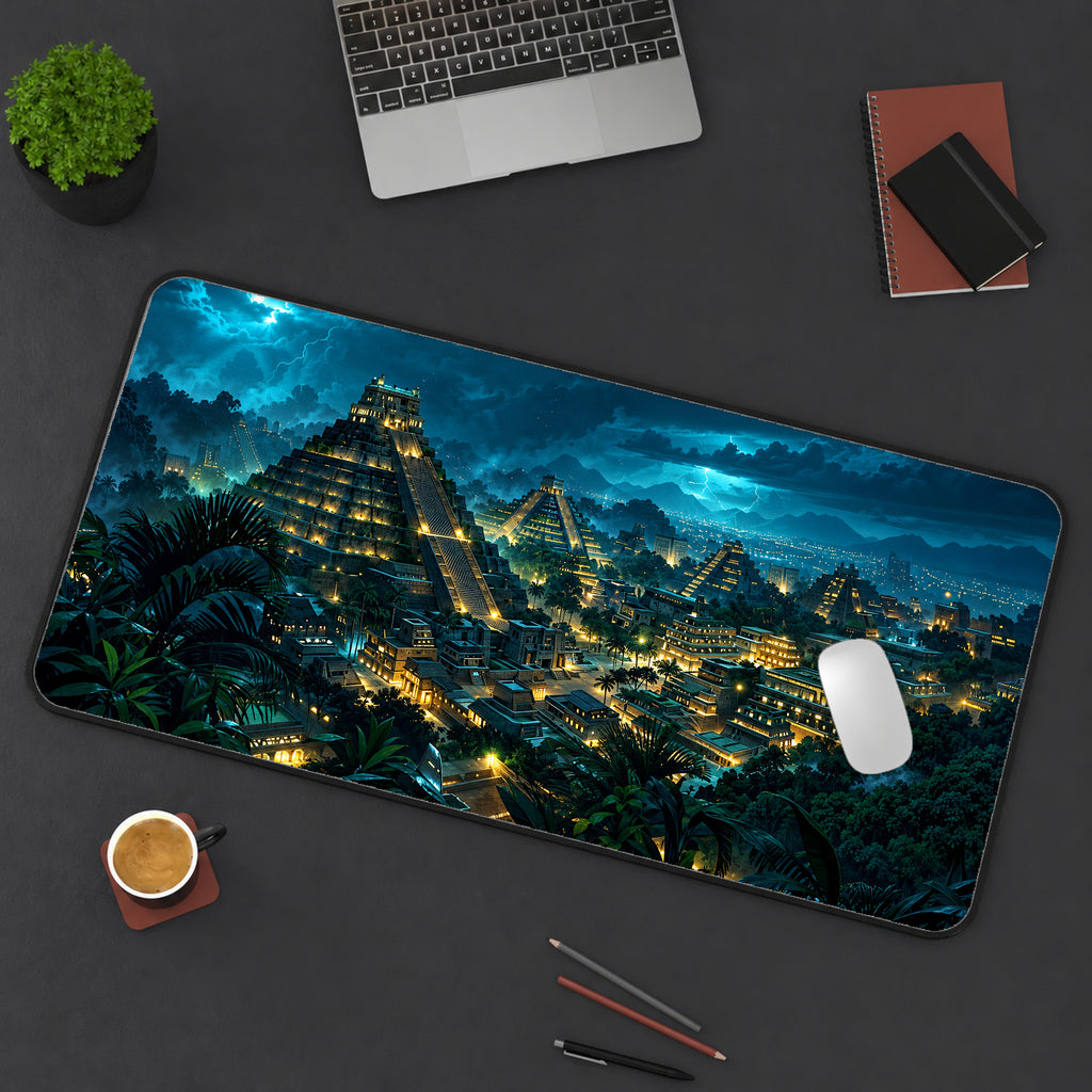Ancient Aztec City at Night Desk Mat — product mockup 3