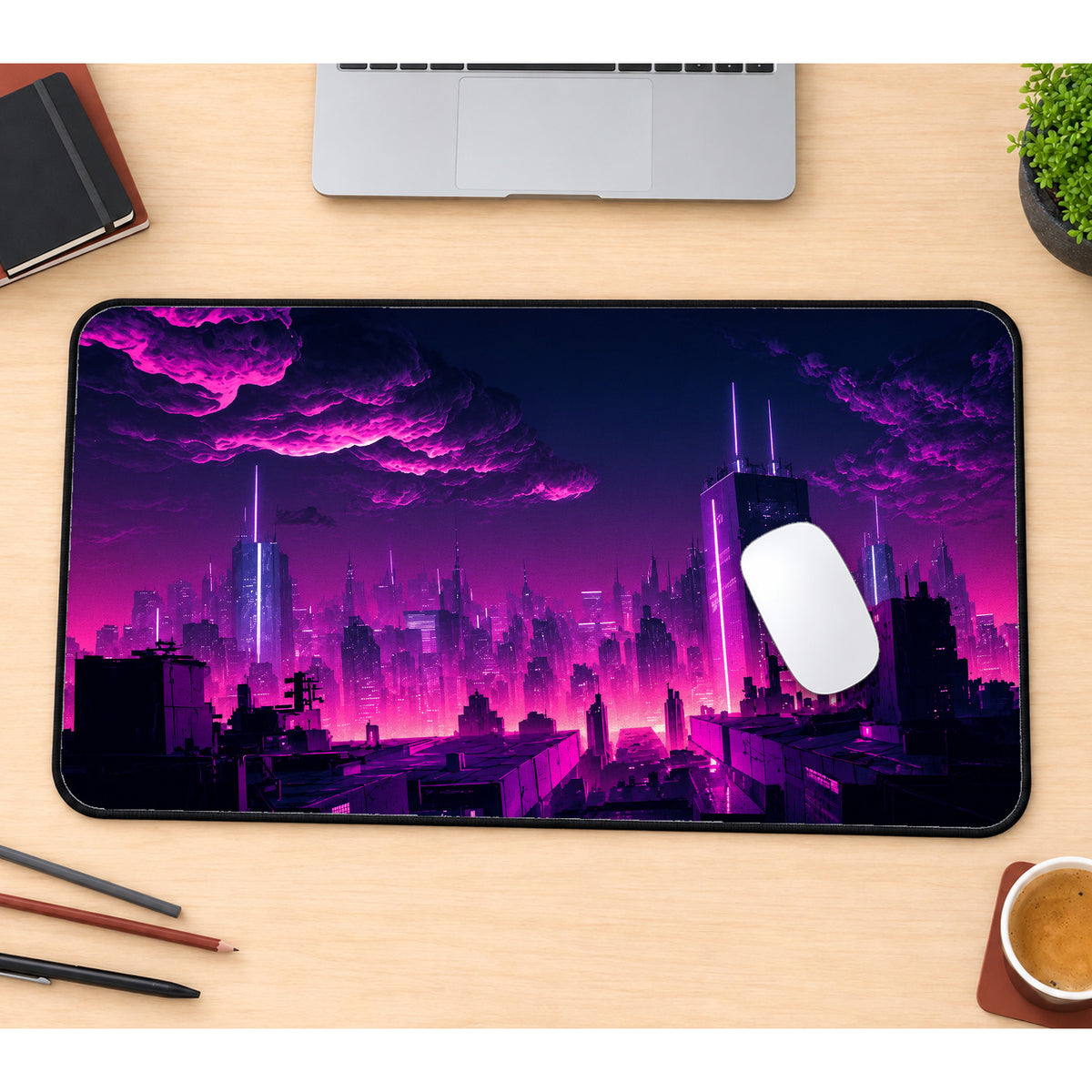 Purple City Skyline Desk Mat — product mockup 1