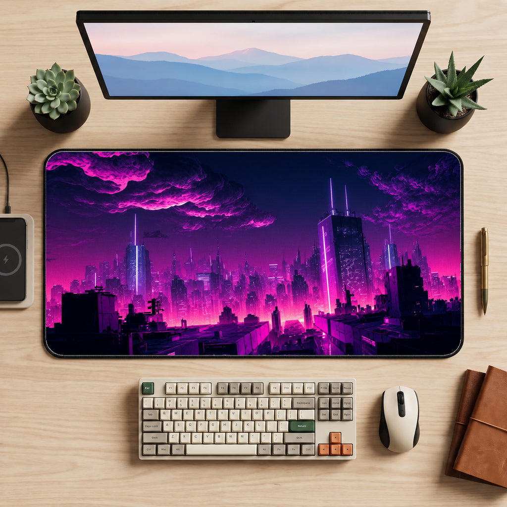 Purple City Skyline Desk Mat — product mockup 2