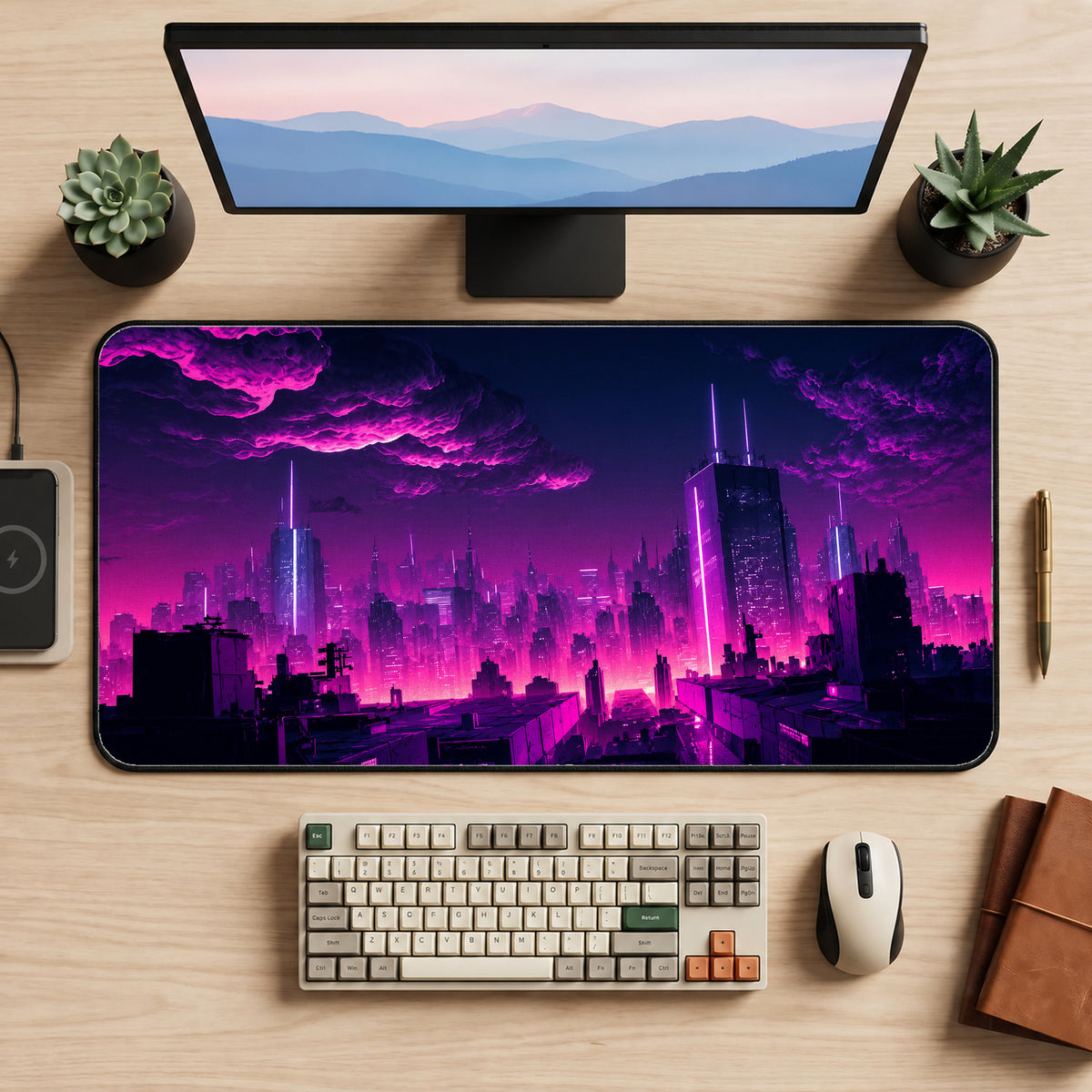 Purple City Skyline Desk Mat — product mockup 2