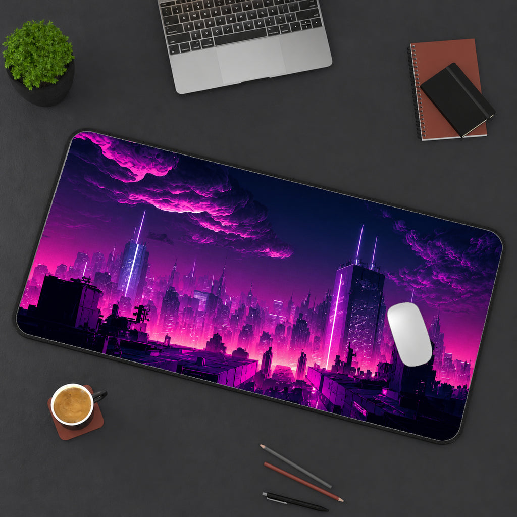 Purple City Skyline Desk Mat — product mockup 3