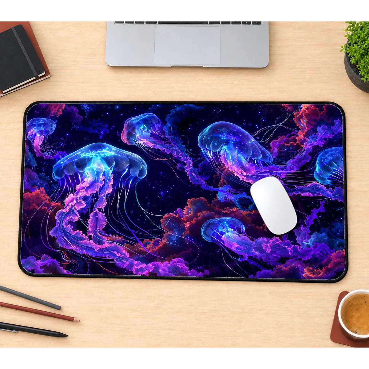 Glowing Cosmic Jellyfish Desk Mat — product mockup 1