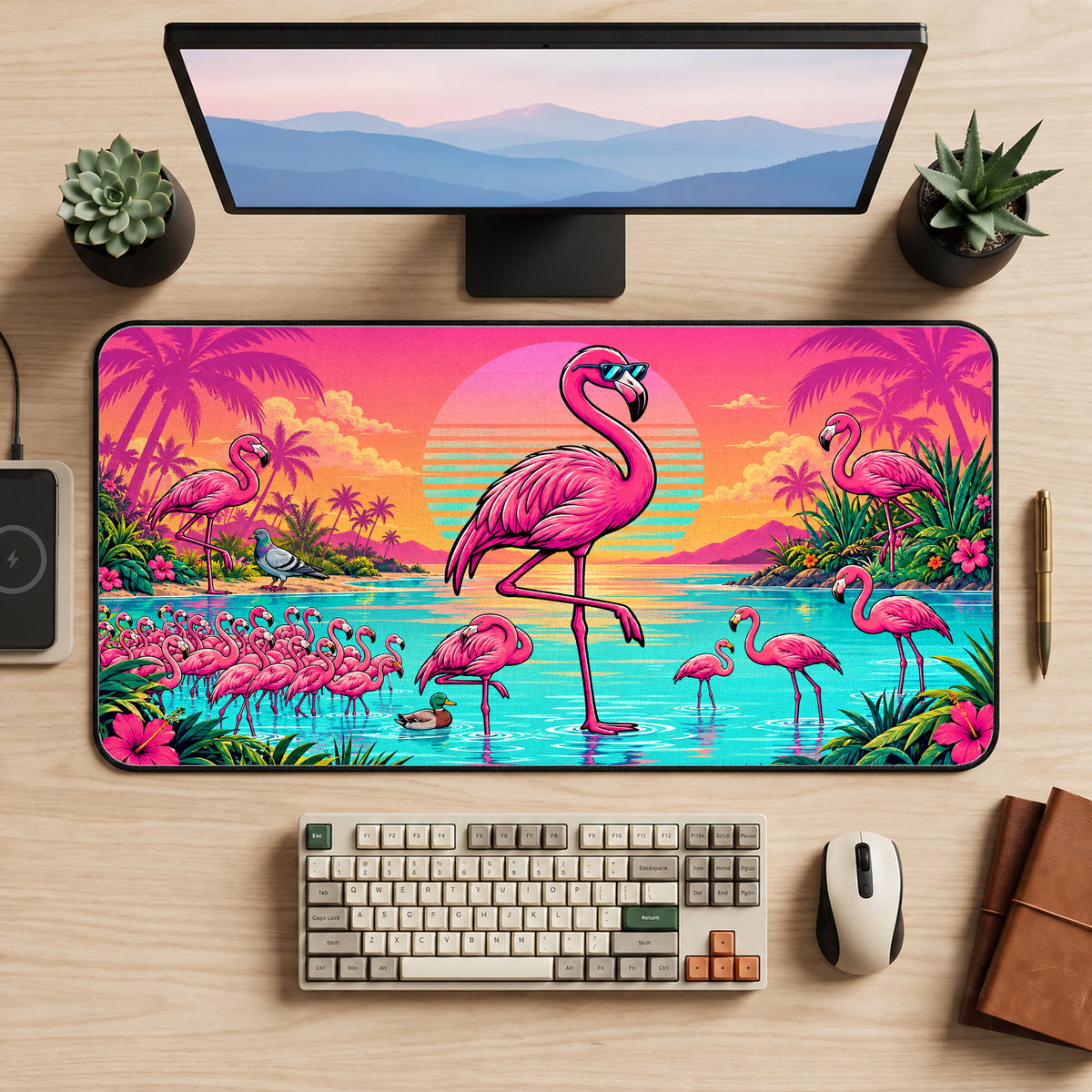 Tropical Pink Flamingos Desk Mat — product mockup 2