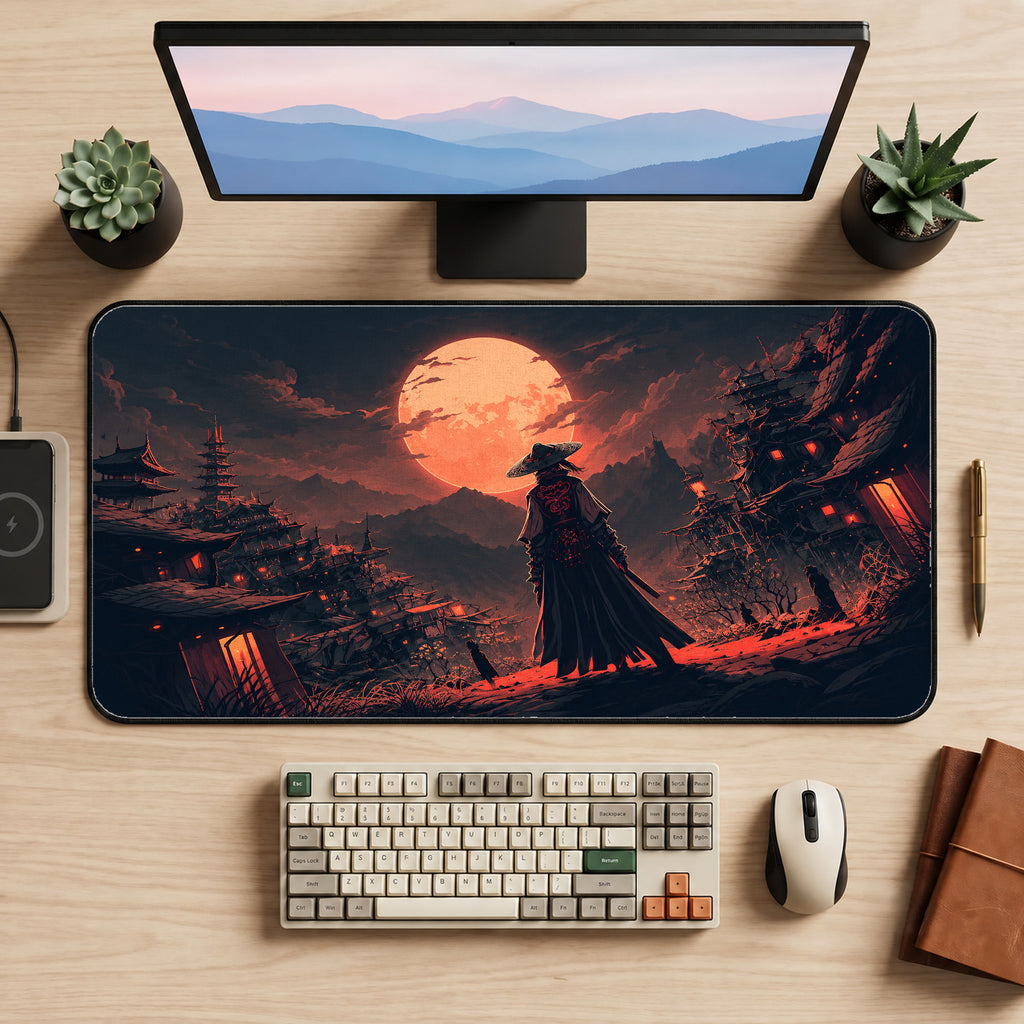 Samurai at Red Moonrise Desk Mat — product mockup 2