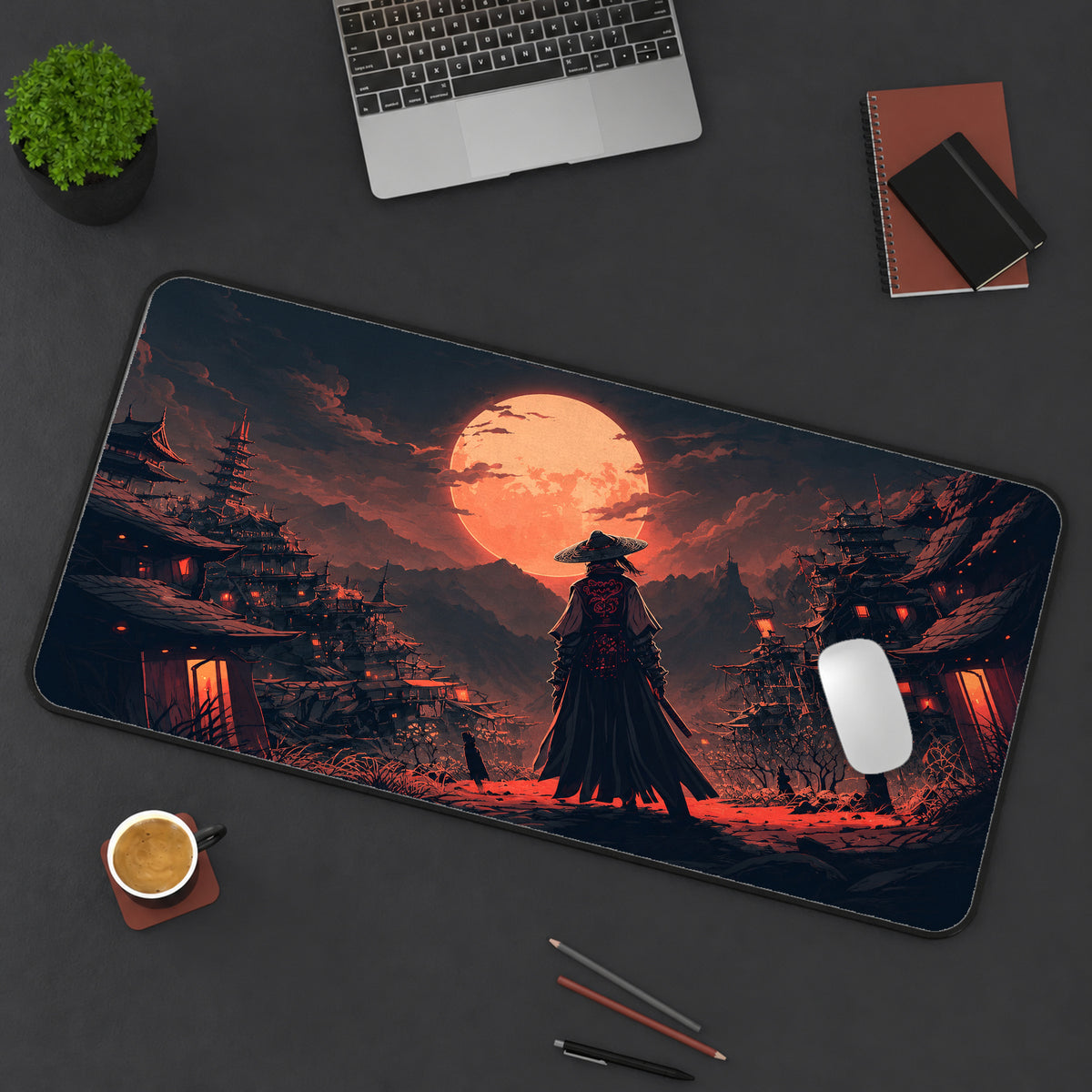 Samurai at Red Moonrise Desk Mat — product mockup 3