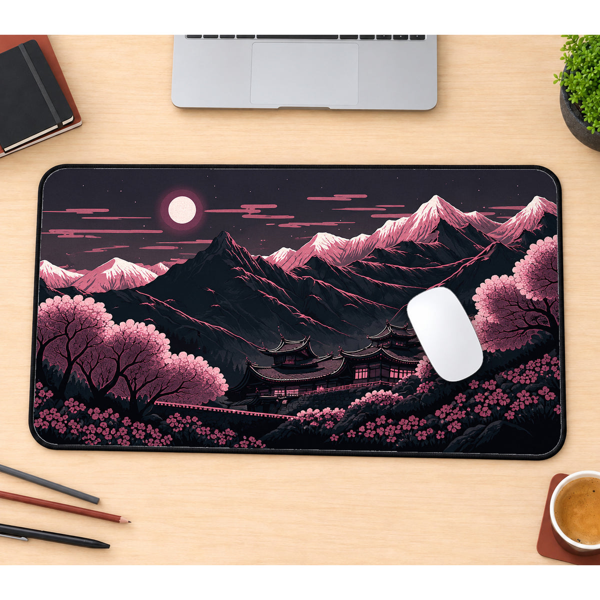 Pink Moonlit Mountain Village Desk Mat — product mockup 1