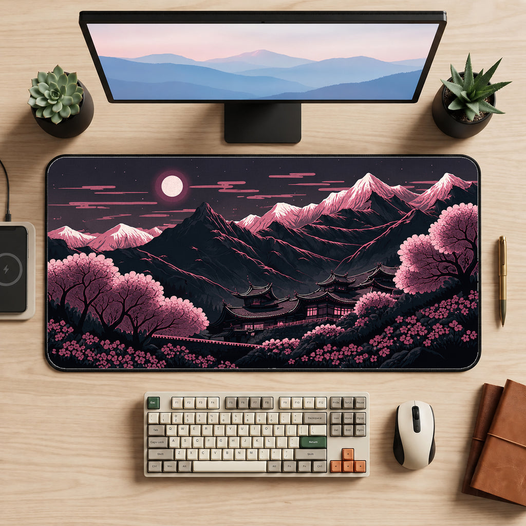 Pink Moonlit Mountain Village Desk Mat — product mockup 2
