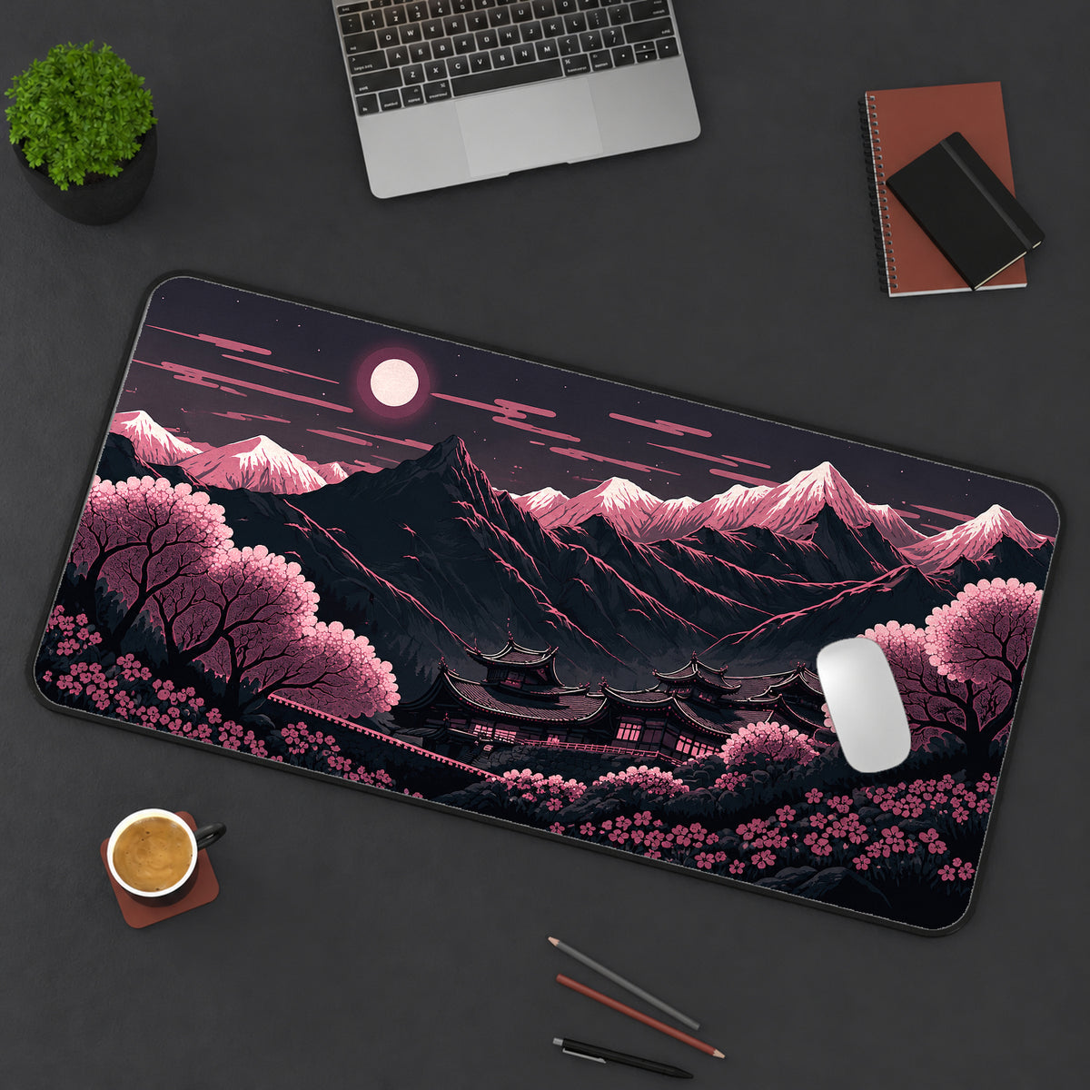 Pink Moonlit Mountain Village Desk Mat — product mockup 3