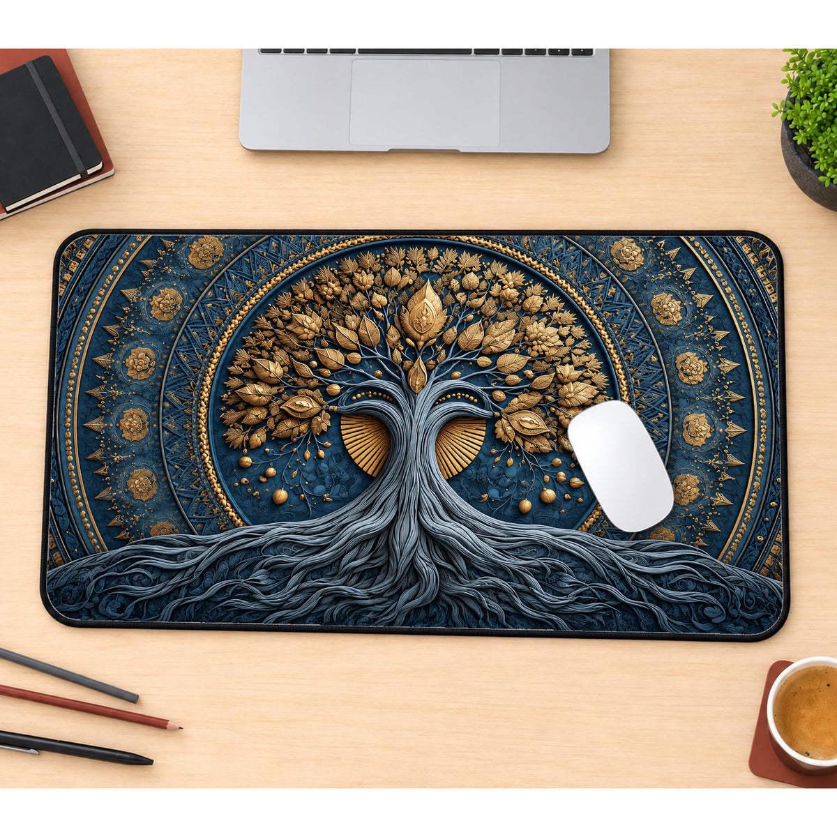 Blue and Gold Tree of Life Desk Mat — product mockup 1