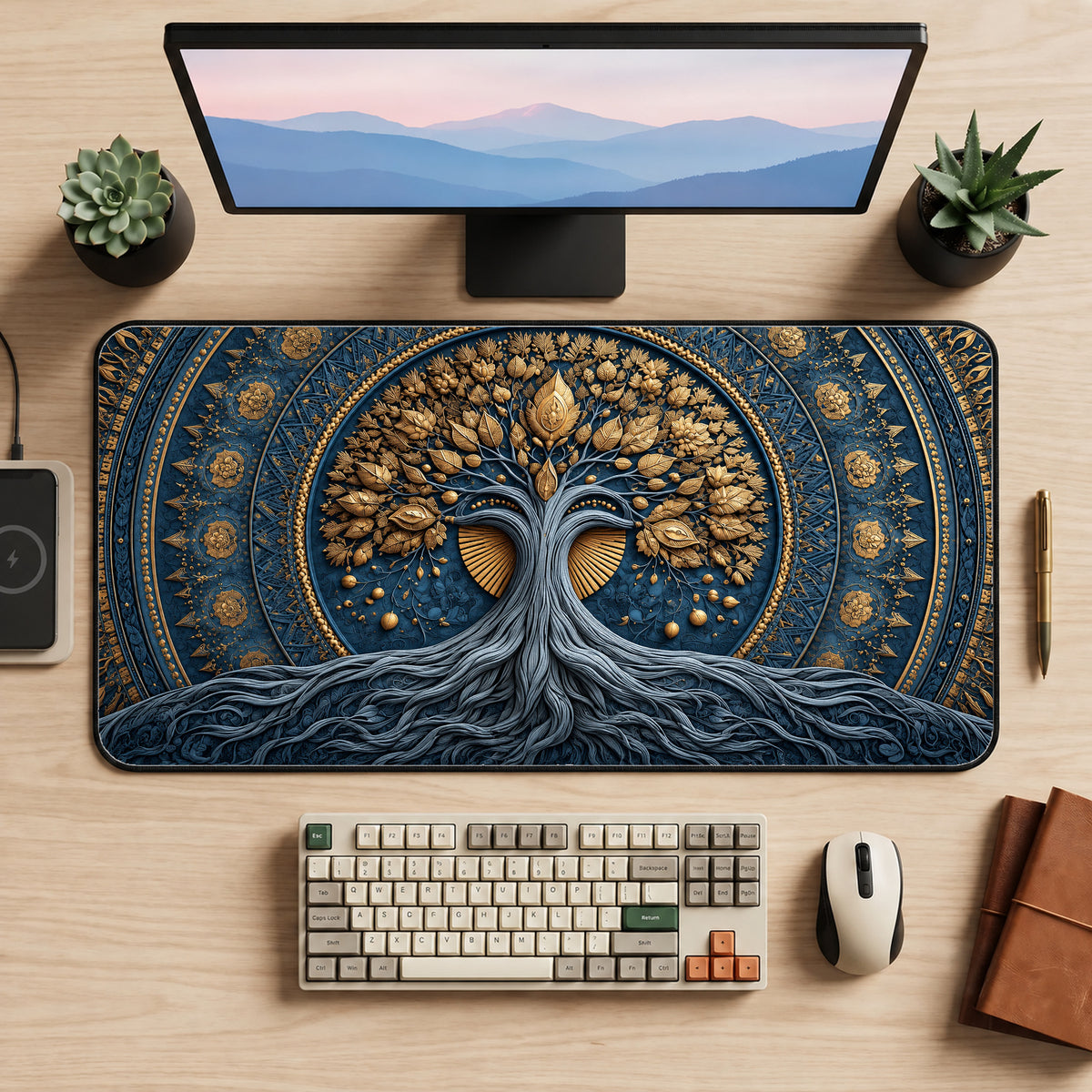 Blue and Gold Tree of Life Desk Mat — product mockup 2