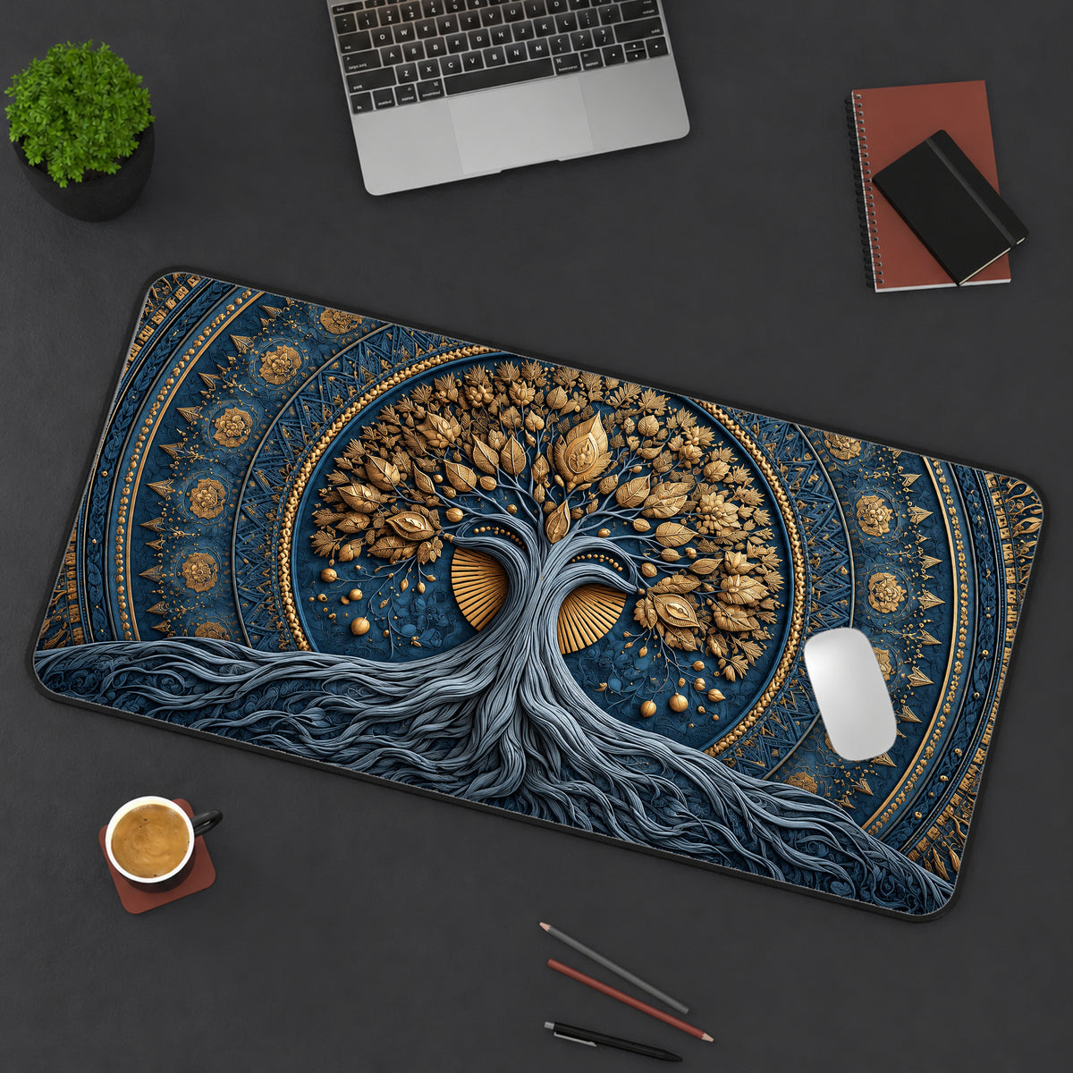 Blue and Gold Tree of Life Desk Mat — product mockup 3