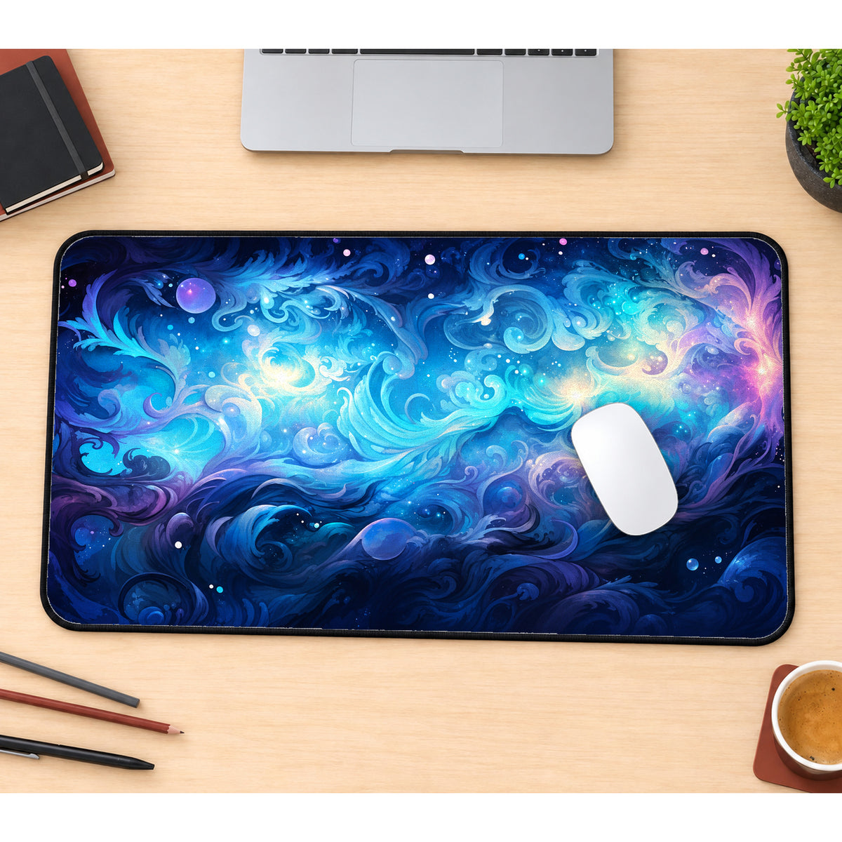Pastel Blue Cosmic Swirls Desk Mat — product mockup 1