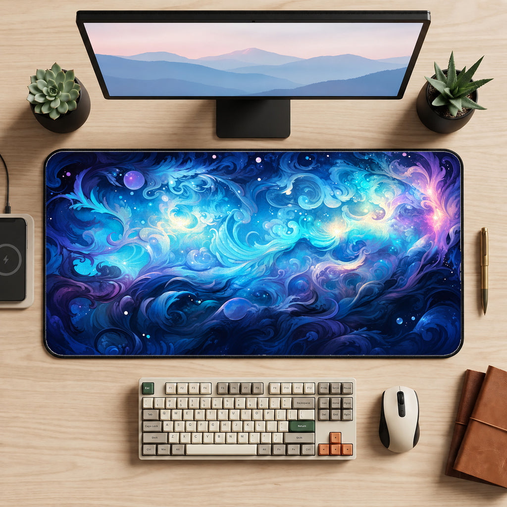 Pastel Blue Cosmic Swirls Desk Mat — product mockup 2