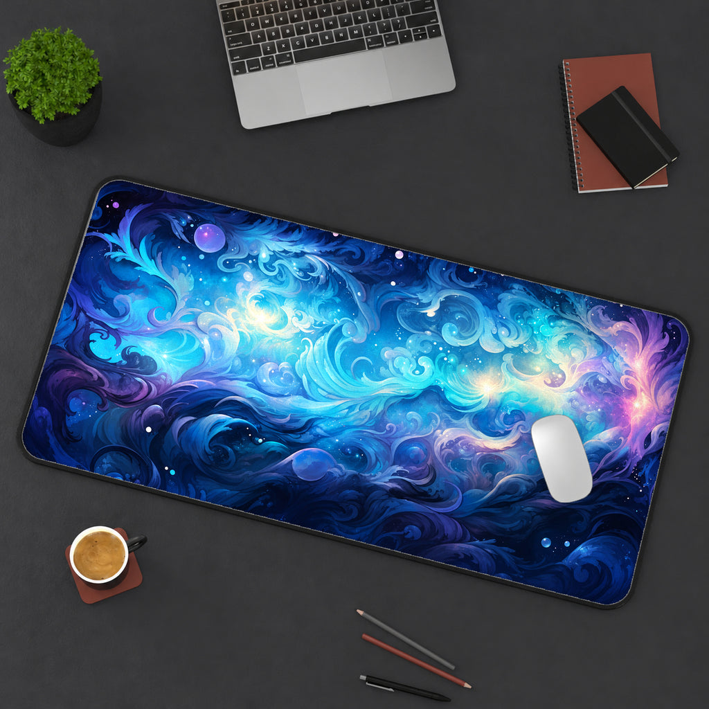 Pastel Blue Cosmic Swirls Desk Mat — product mockup 3