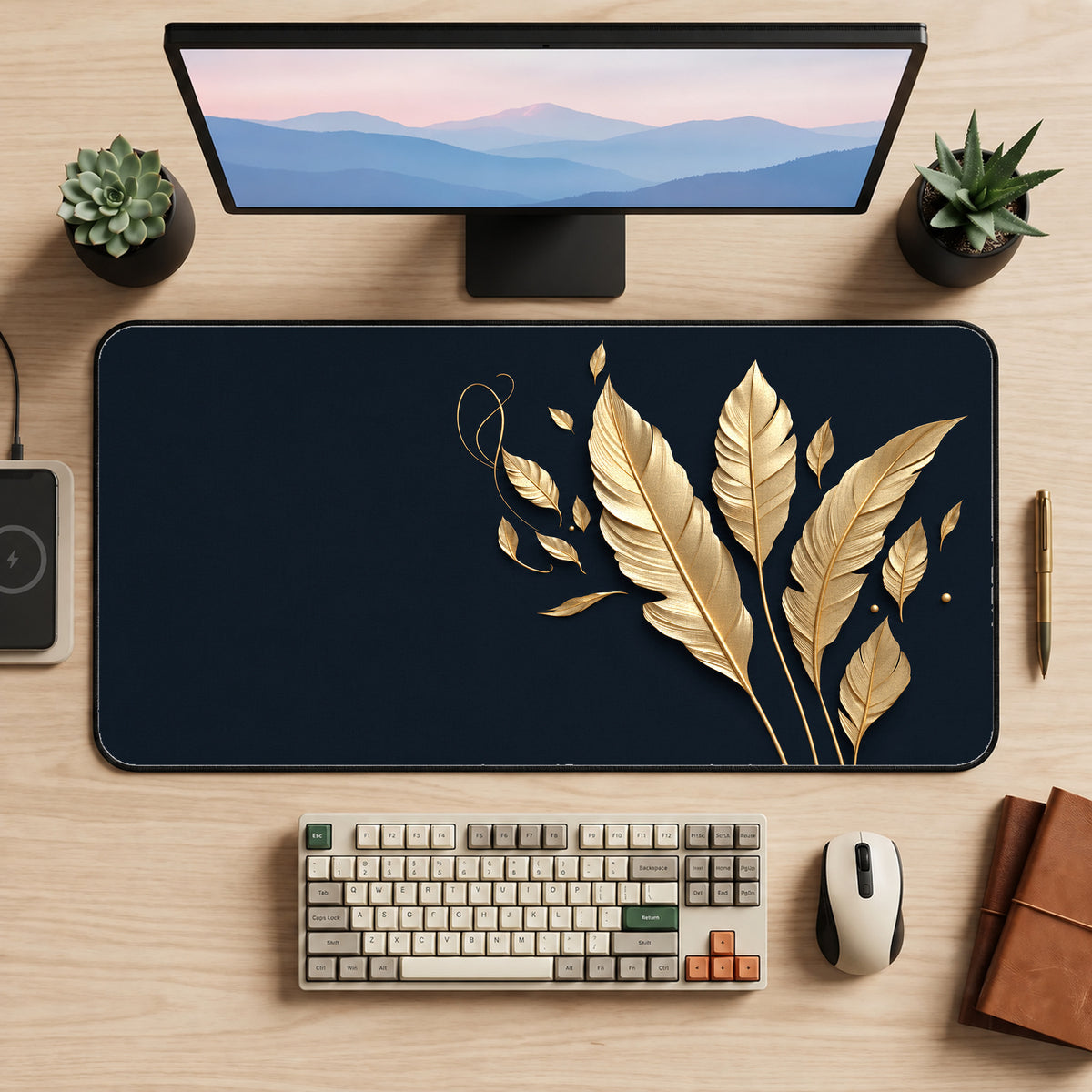 Gold Leaves on Navy Desk Mat — product mockup 2