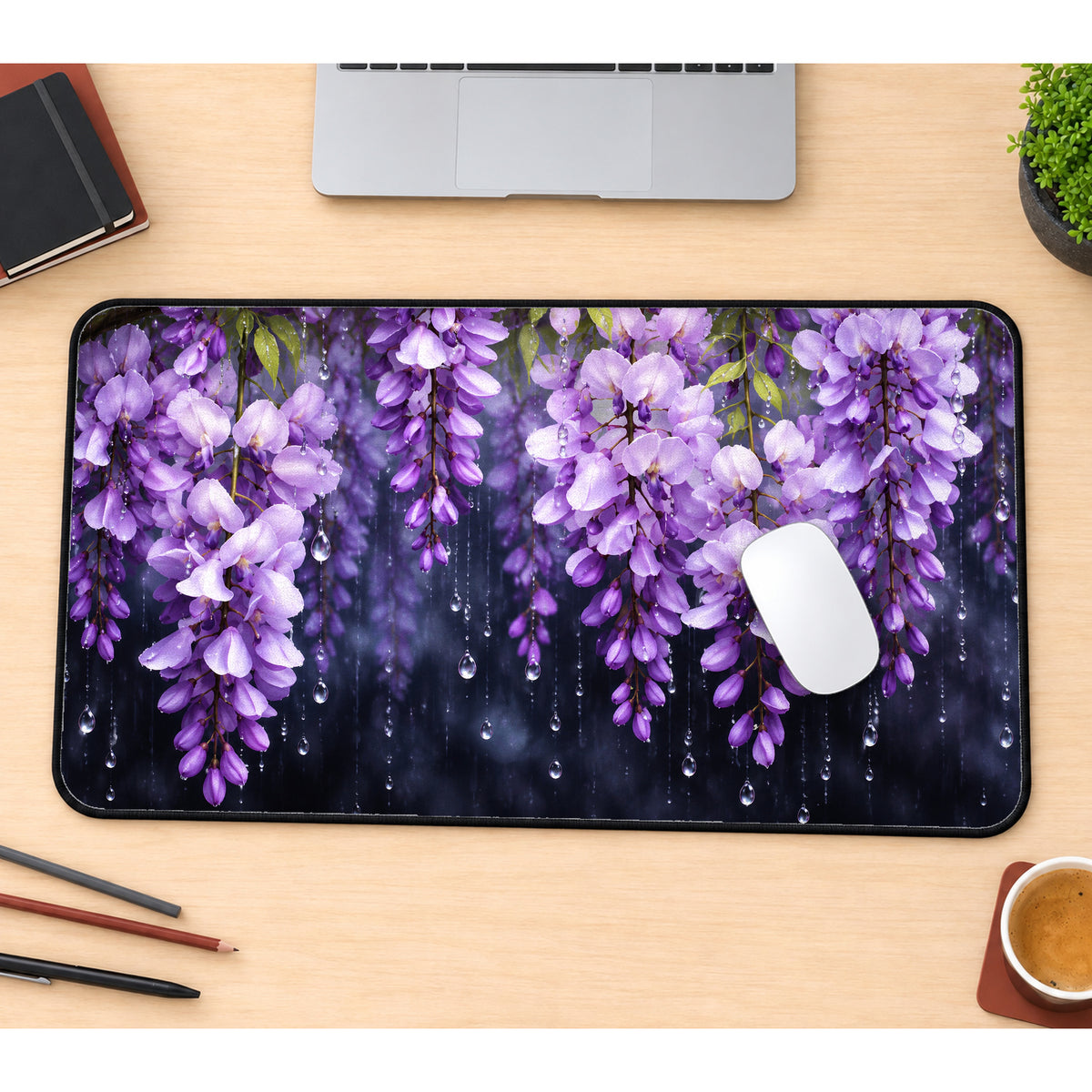 Purple Wisteria in the Rain Desk Mat — product mockup 1