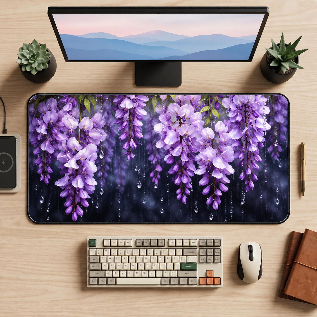 Purple Wisteria in the Rain Desk Mat — product mockup 2