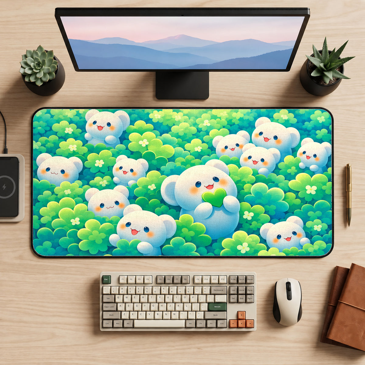 Kawaii Bears and Clover Desk Mat — product mockup 2
