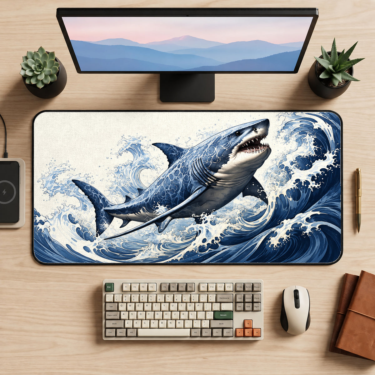 Shark and Ocean Waves Desk Mat — product mockup 2