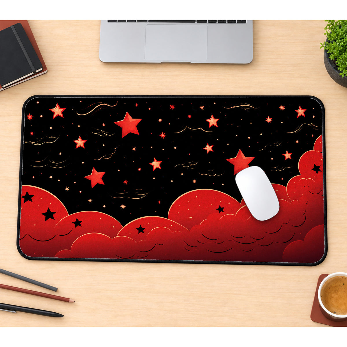 Red and Black Starry Clouds Desk Mat — product mockup 1