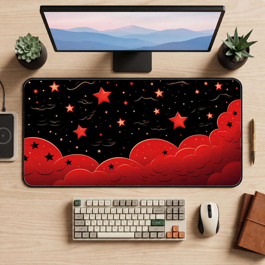 Red and Black Starry Clouds Desk Mat — product mockup 2