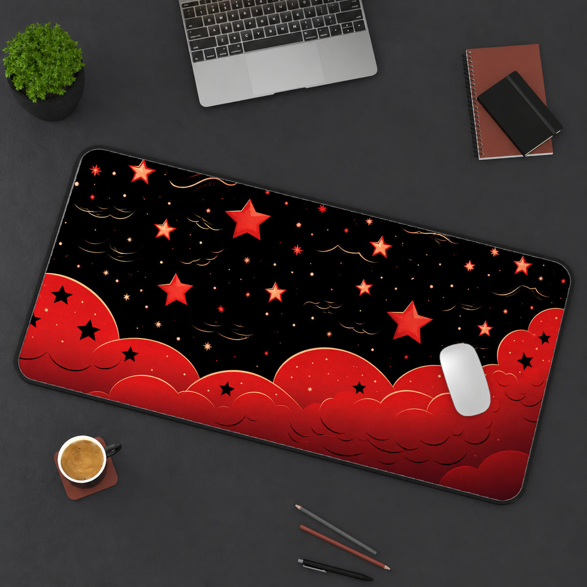Red and Black Starry Clouds Desk Mat — product mockup 3