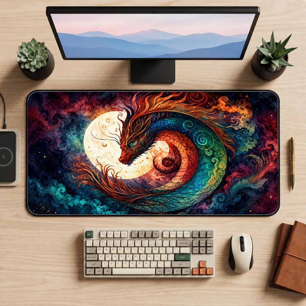 Fantasy Dragon and Moon Desk Mat — product mockup 2