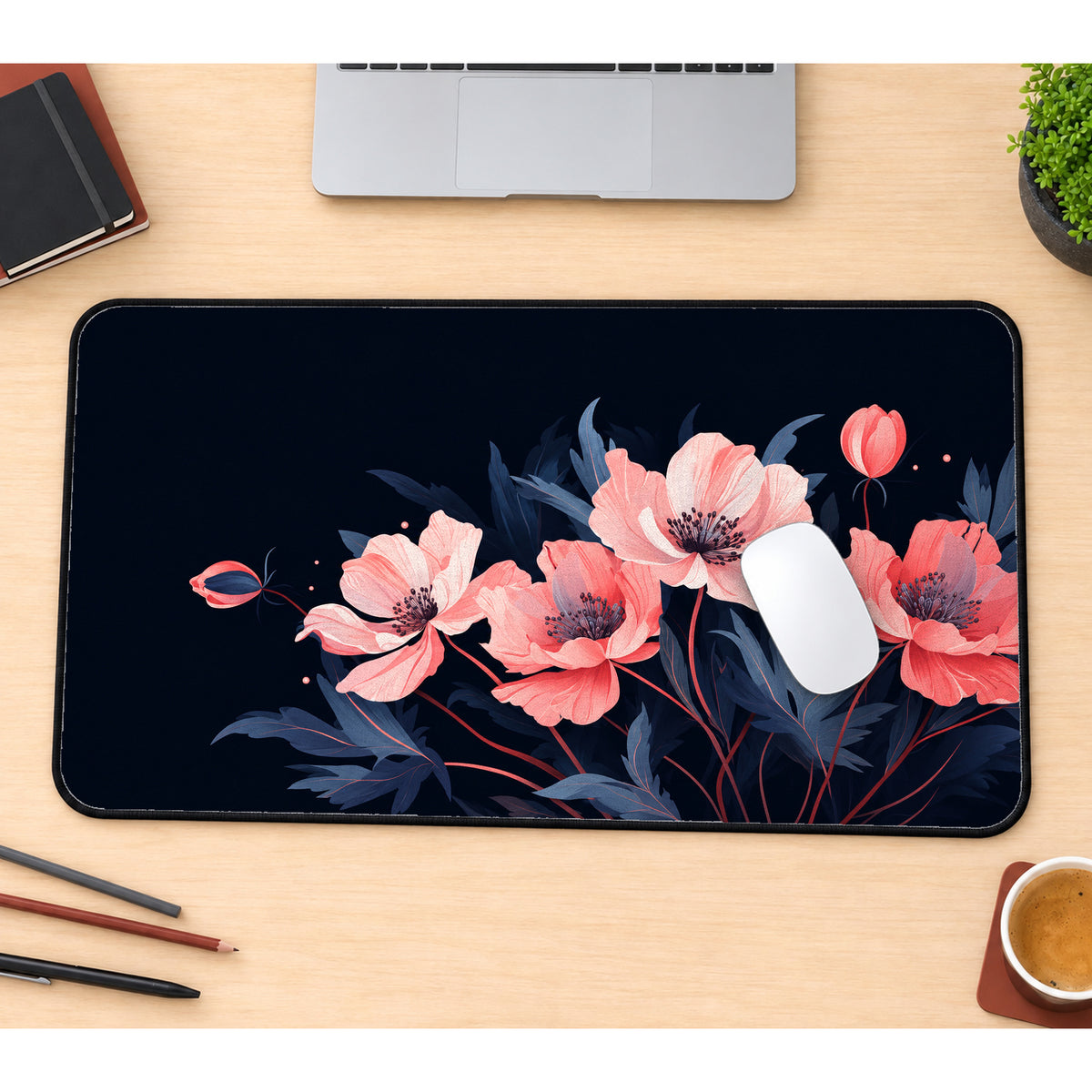 Pink Flowers on Navy Desk Mat — product mockup 1
