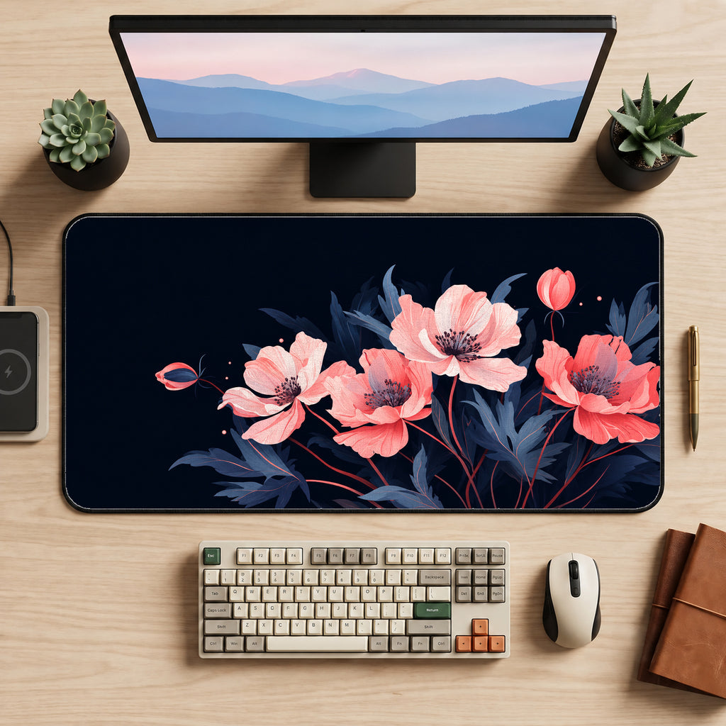 Pink Flowers on Navy Desk Mat — product mockup 2