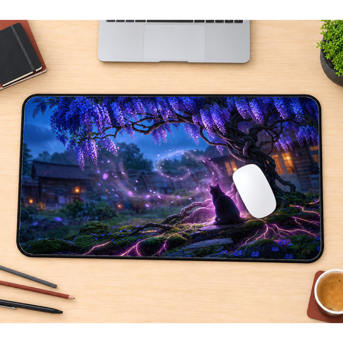 Cat Beneath Purple Wisteria Desk Mat — product mockup 1