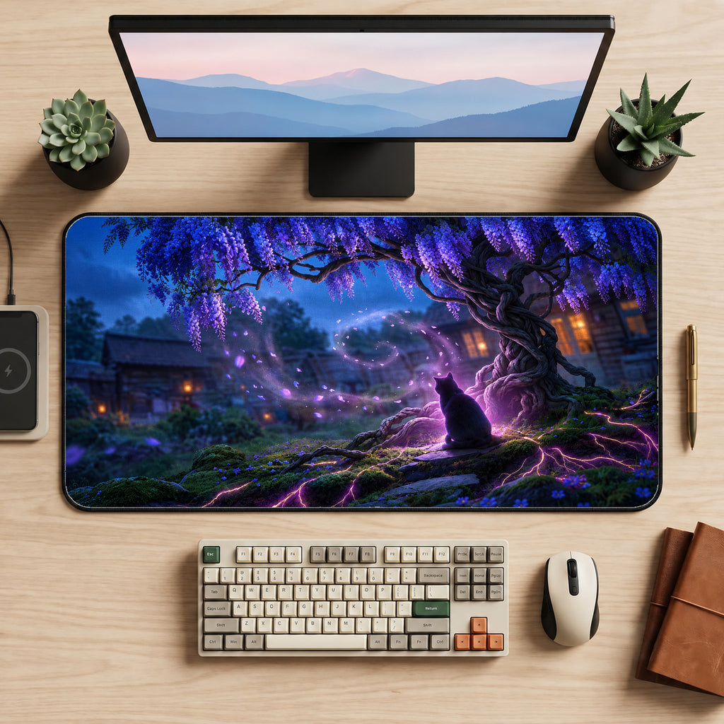Cat Beneath Purple Wisteria Desk Mat — product mockup 2