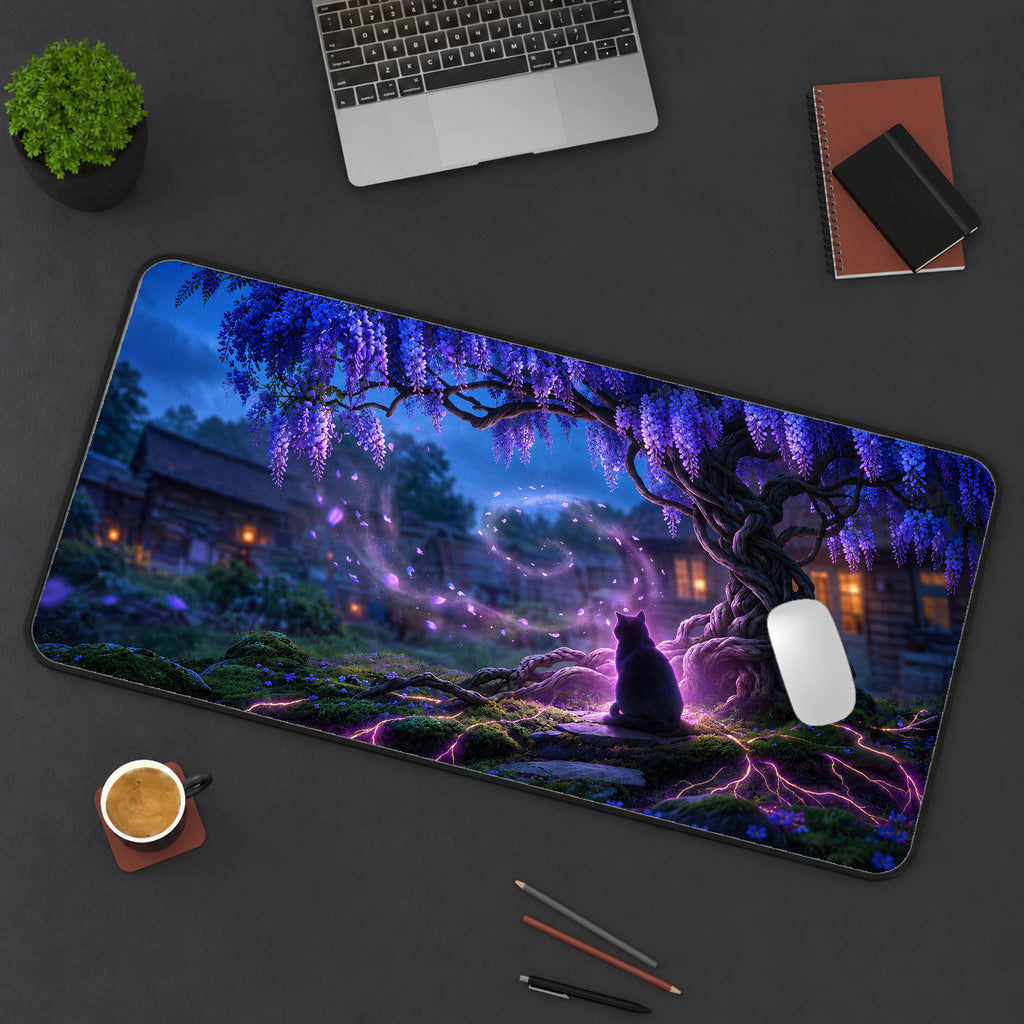 Cat Beneath Purple Wisteria Desk Mat — product mockup 3