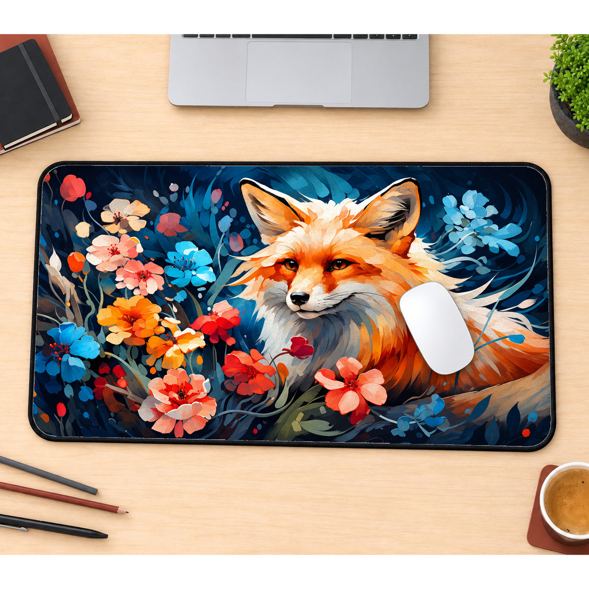 Red Fox and Blossoms Desk Mat — product mockup 1