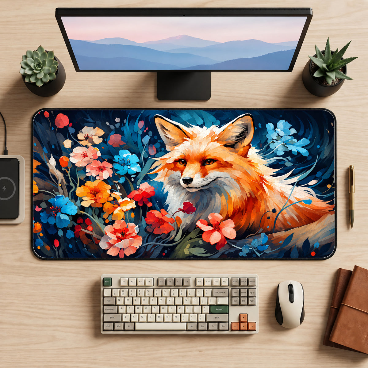 Red Fox and Blossoms Desk Mat — product mockup 2