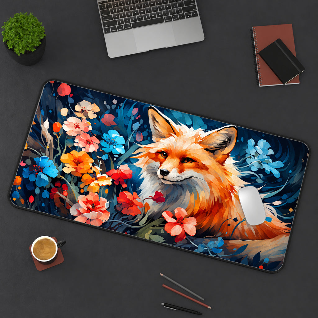 Red Fox and Blossoms Desk Mat — product mockup 3