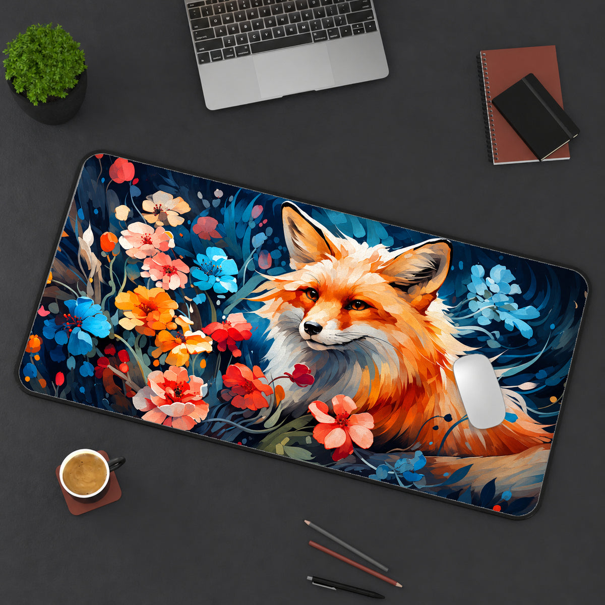 Red Fox and Blossoms Desk Mat — product mockup 3